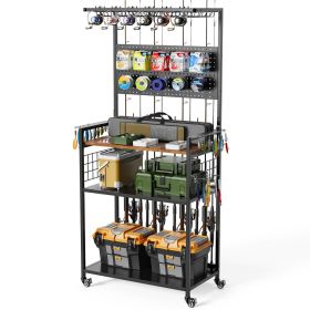 Fishing Rod Storage Rack with Pegboard, Rolling Tackle Organizer Cart, Multi-Tier Fishing Gear Stand for Rods, Reels, Tackle Boxes & Bags